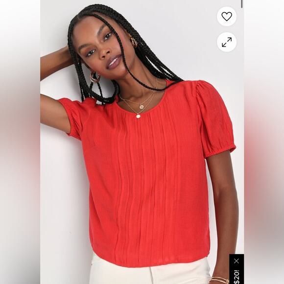Lulus Sophisticated Sweetheart Red Orange Pleated Puff Sleeve Top NEW Size SMALL - Picture 1 of 11